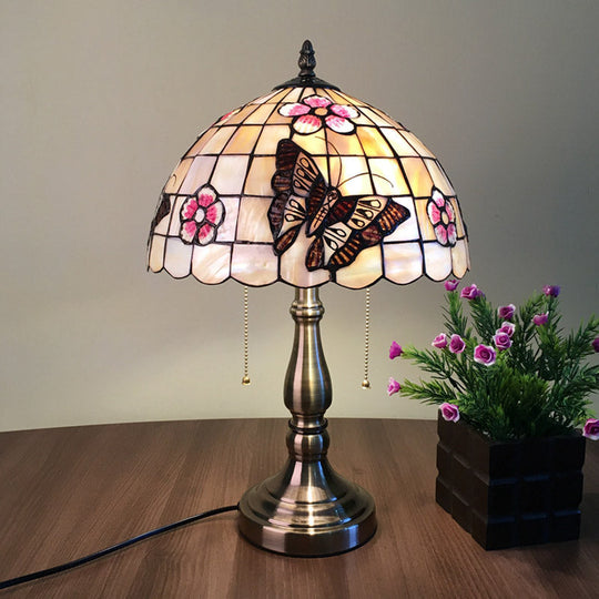 Madeleine - Tiffany Shell Gridded Bowl Night Light Tiffany 2 Heads Brushed Brass Pull-Chain Table Lighting with Butterfly-Flower Pattern