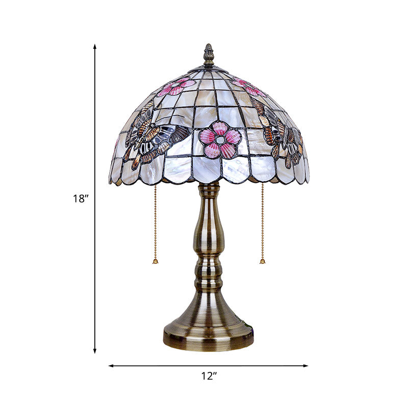 Madeleine - Tiffany Shell Gridded Bowl Night Light Tiffany 2 Heads Brushed Brass Pull-Chain Table Lighting with Butterfly-Flower Pattern