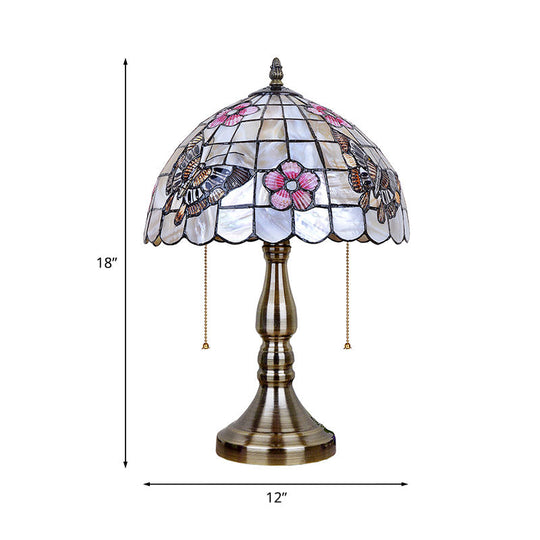 Shell Gridded Bowl Night Light Tiffany Table Lamp With Butterfly-Flower Pattern - Brushed Brass