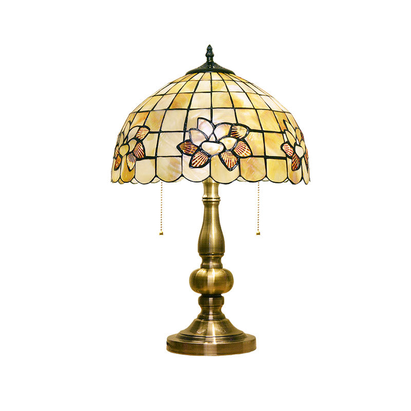 Victorian Style Lotus Blossom Table Lamp - Gridded & 2-Light Shell Design W/ Pull Chain Brushed