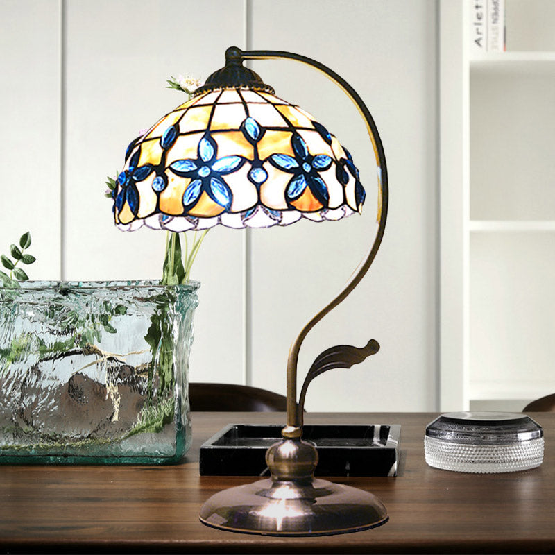 Bronze Tiffany Gooseneck Table Lamp With Floral Shell Lampshade - Single-Bulb Metal Night Light