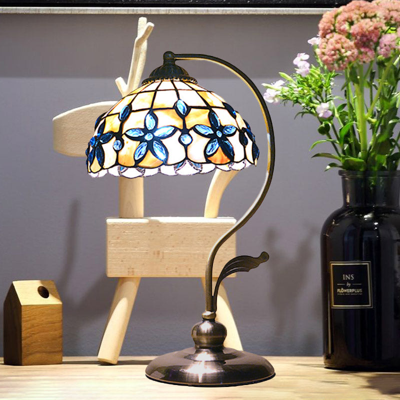 Bronze Tiffany Gooseneck Table Lamp With Floral Shell Lampshade - Single-Bulb Metal Night Light