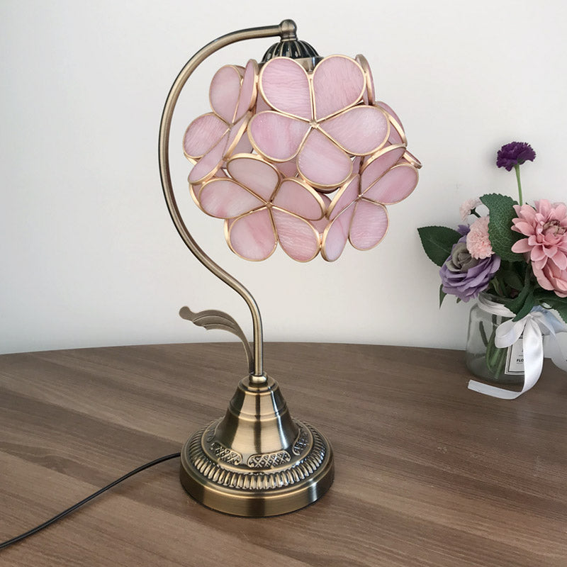 Tiffany Style Pink Glass Cluster-Flower Table Lamp With Bronze Stand