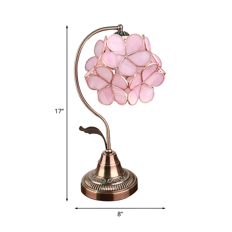 Tiffany Style Pink Glass Cluster-Flower Table Lamp With Bronze Stand