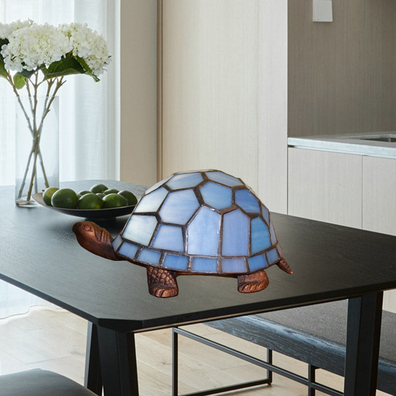 Turtle Blue Glass Nightstand Lamp - Mediterranean Style Copper Table Light For Bedroom