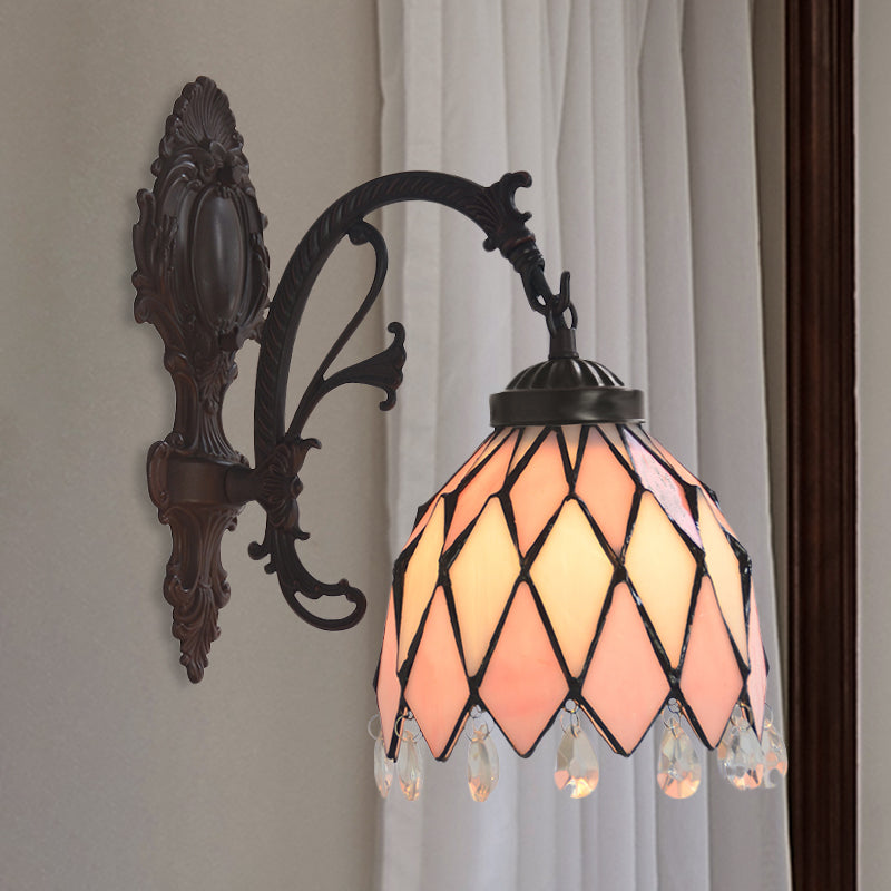 Tiffany Bronze Lattice Bowl Wall Lamp With Stained Glass Sconce And Crystal Accent