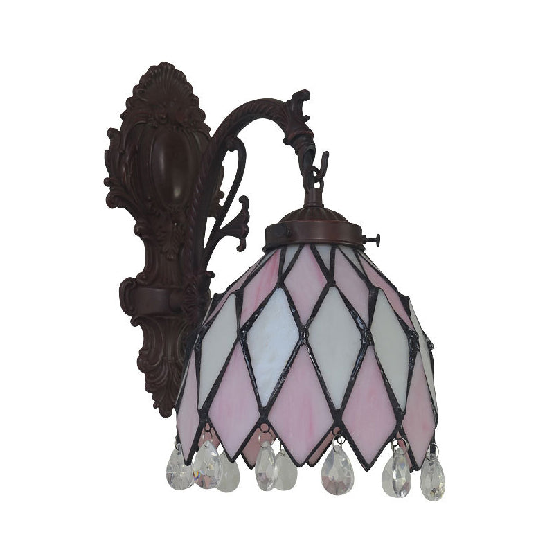 Tiffany Bronze Lattice Bowl Wall Lamp With Stained Glass Sconce And Crystal Accent