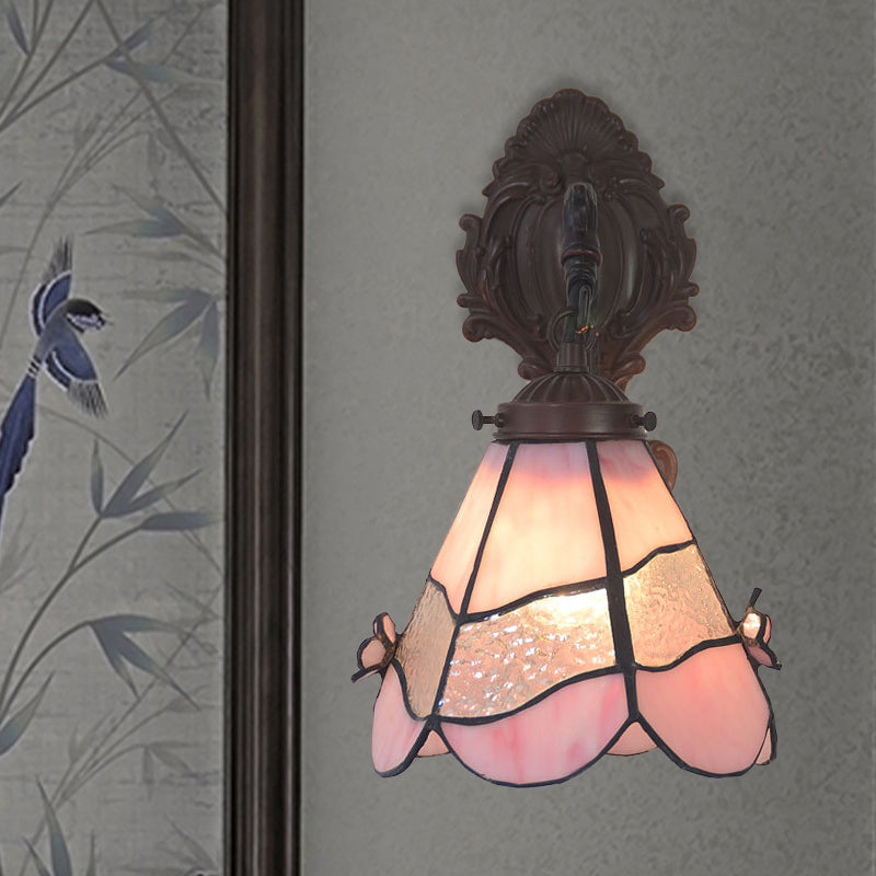Bronze Flower Patterned Wall Mount Lamp - Pink Cut Glass Trapezoid Lighting For Dining Room