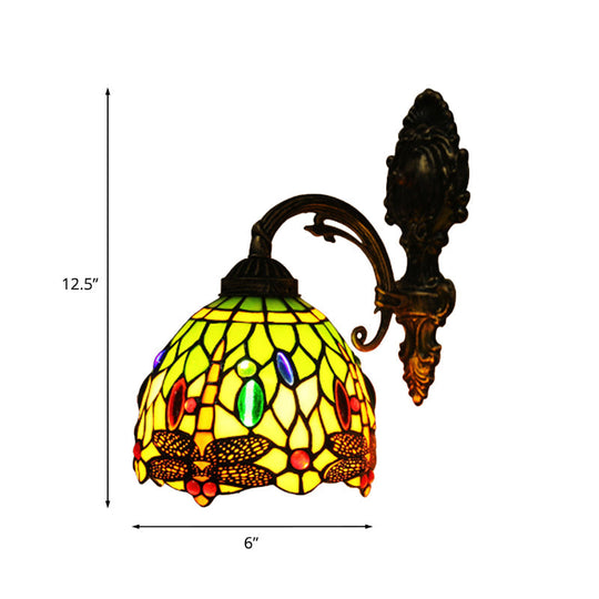 Dragonfly Pattern Stained Art Glass Bronze Sconce - Tiffany Style Wall Mount Light