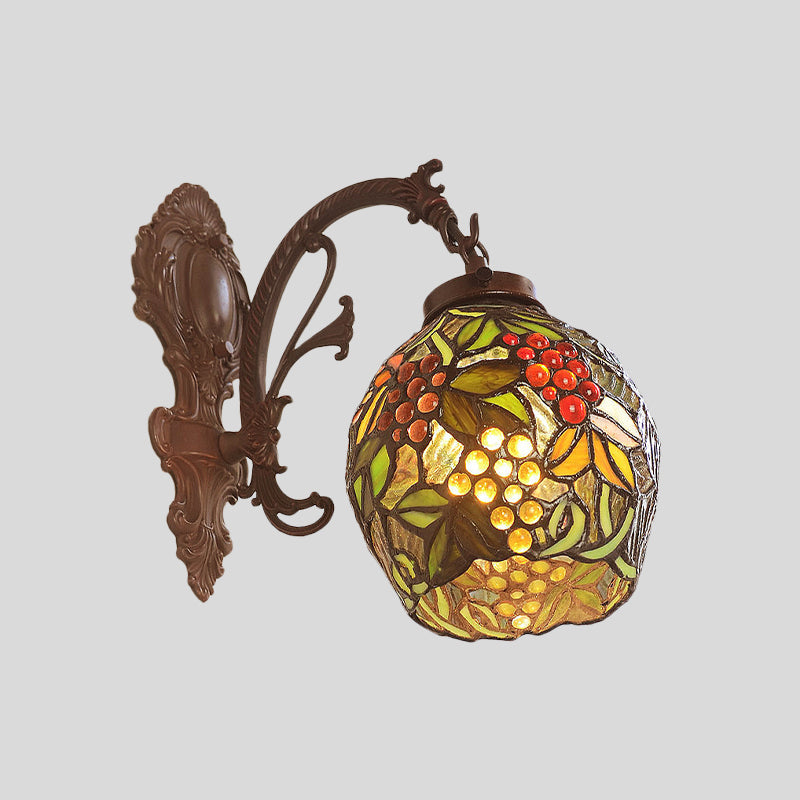Copper Dome Victorian 1-Light Art Glass Wall Sconce - Stained Grape Pattern Dining Room Fixture