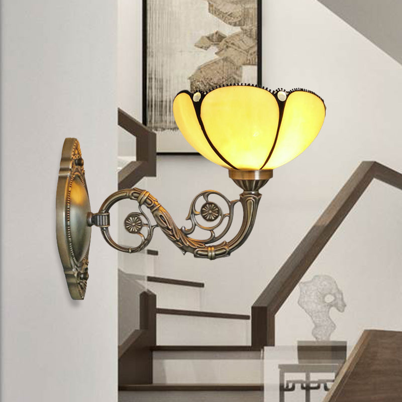 Baroque Beige Glass Wall Sconce With Curved Arm - Bronze 1-Light Lamp