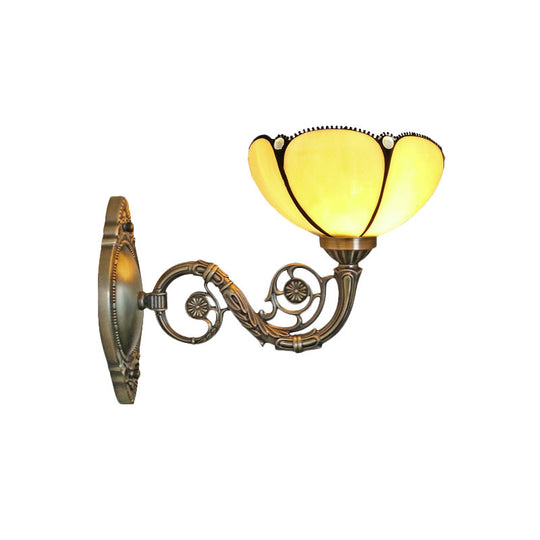 Baroque Beige Glass Wall Sconce With Curved Arm - Bronze 1-Light Lamp