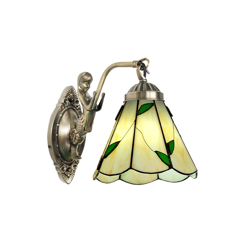 Mermaid Backplate Conical Wall Sconce Lighting In Mission White/Beige Glass - Elegant Mount Light