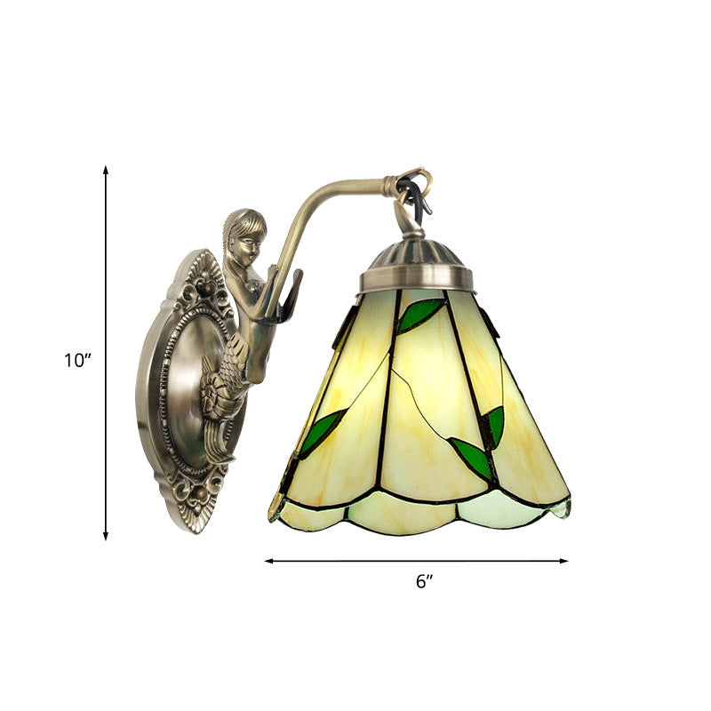 Mermaid Backplate Conical Wall Sconce Lighting In Mission White/Beige Glass - Elegant Mount Light