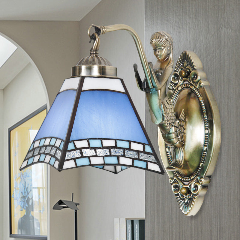 Mission Blue Cut Glass Trapezoid Wall Light With Mermaid Arm - Bronze Mount Fixture