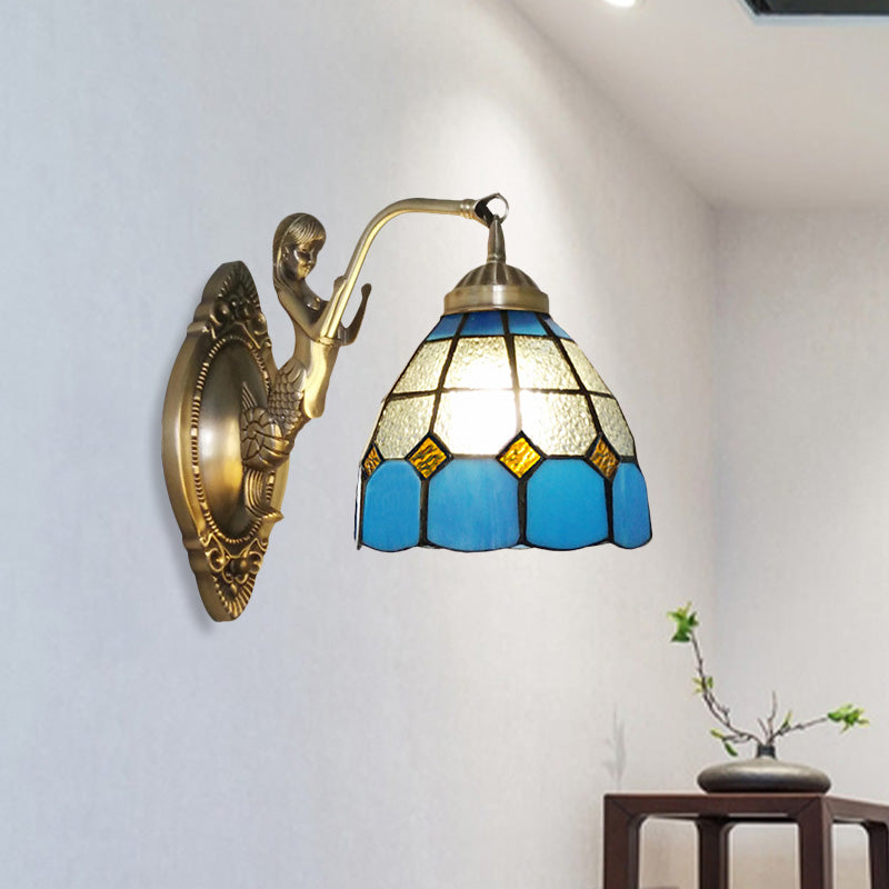 Living Room Wall Mounted Light: Bronze Mermaid Lamp With Blue & White Glass Shade