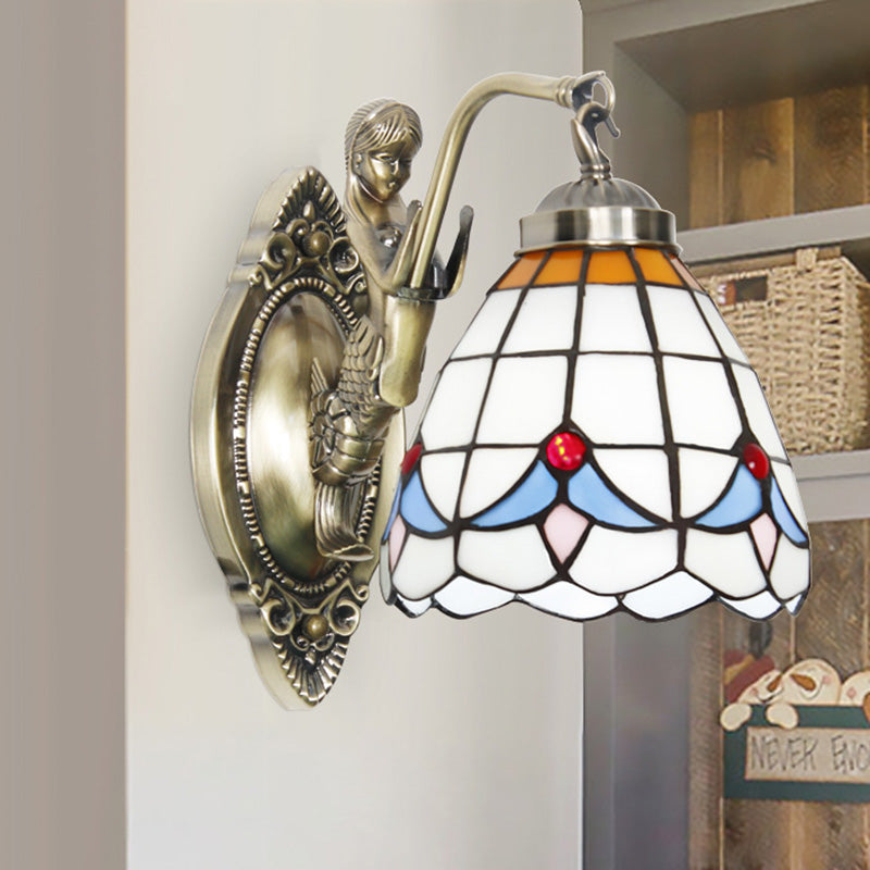 Dome Wall Lamp: 1-Bulb Stained Glass Mediterranean Tulip Pattern In White/Blue Mermaid Arm White