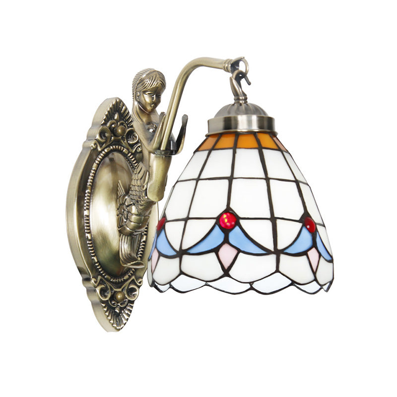 Dome Wall Lamp: 1-Bulb Stained Glass Mediterranean Tulip Pattern In White/Blue Mermaid Arm