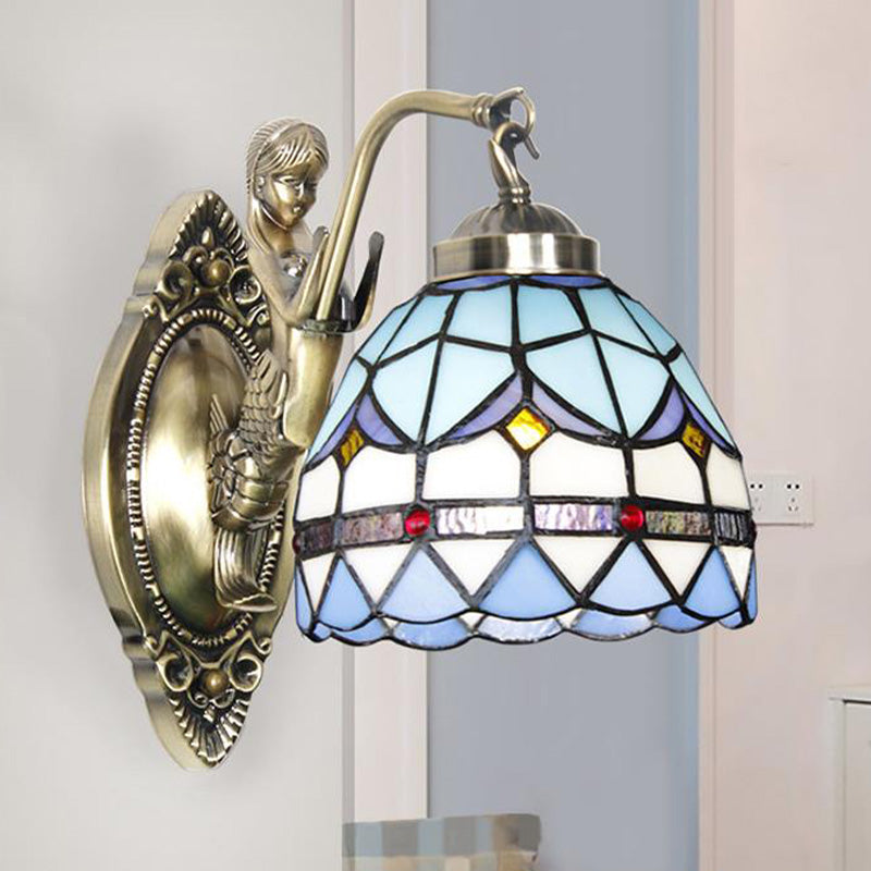 Dome Wall Lamp: 1-Bulb Stained Glass Mediterranean Tulip Pattern In White/Blue Mermaid Arm Blue