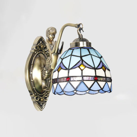 Dome Wall Lamp: 1-Bulb Stained Glass Mediterranean Tulip Pattern In White/Blue Mermaid Arm