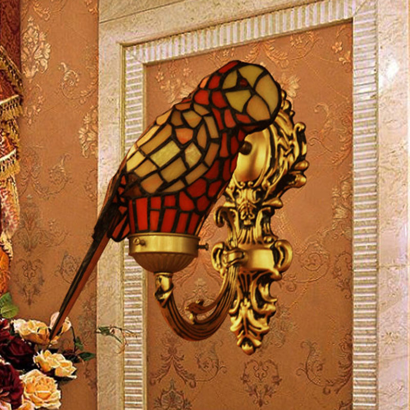 Tiffany Parrot Wall Sconce With Stained Glass And Gold Finish