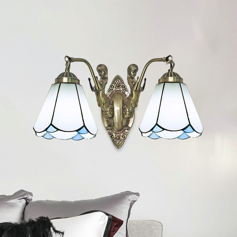 Conic Wall Mount Lamp With Double Mermaid Arm - White/Beige Glass Sconce Light Fixture White