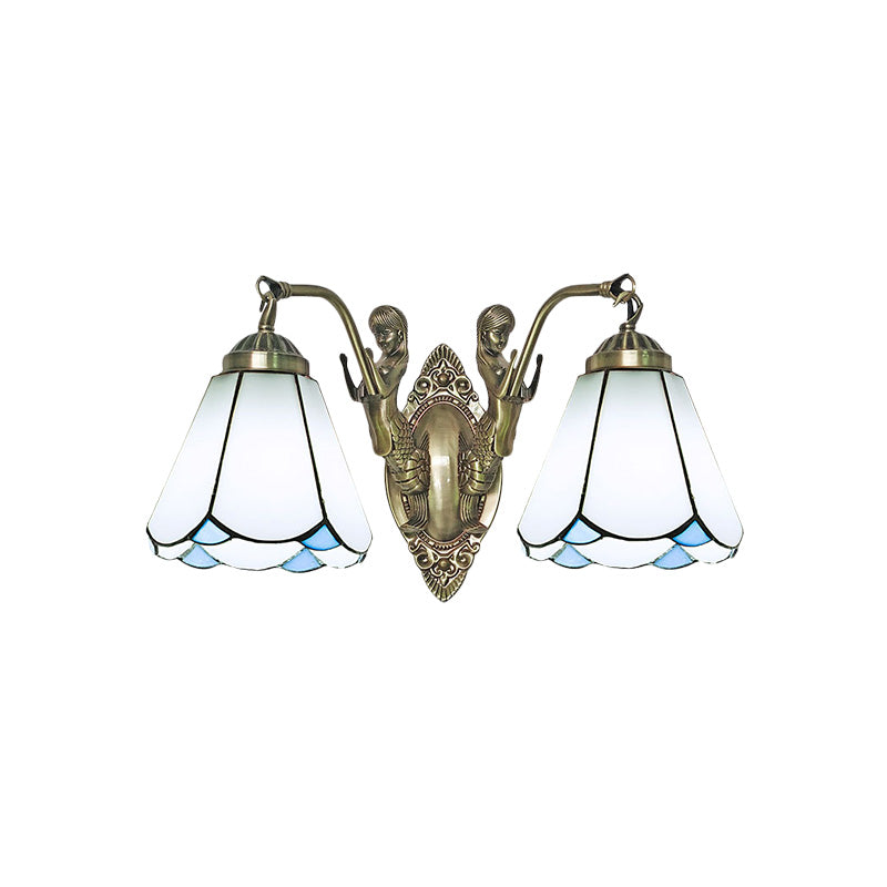 Conic Wall Mount Lamp With Double Mermaid Arm - White/Beige Glass Sconce Light Fixture
