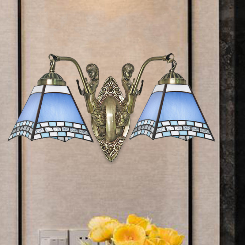 Mission Style 2-Light Blue Wall Mount With Hand Cut Swallowtail Glass And Mermaid Arm For Bedroom