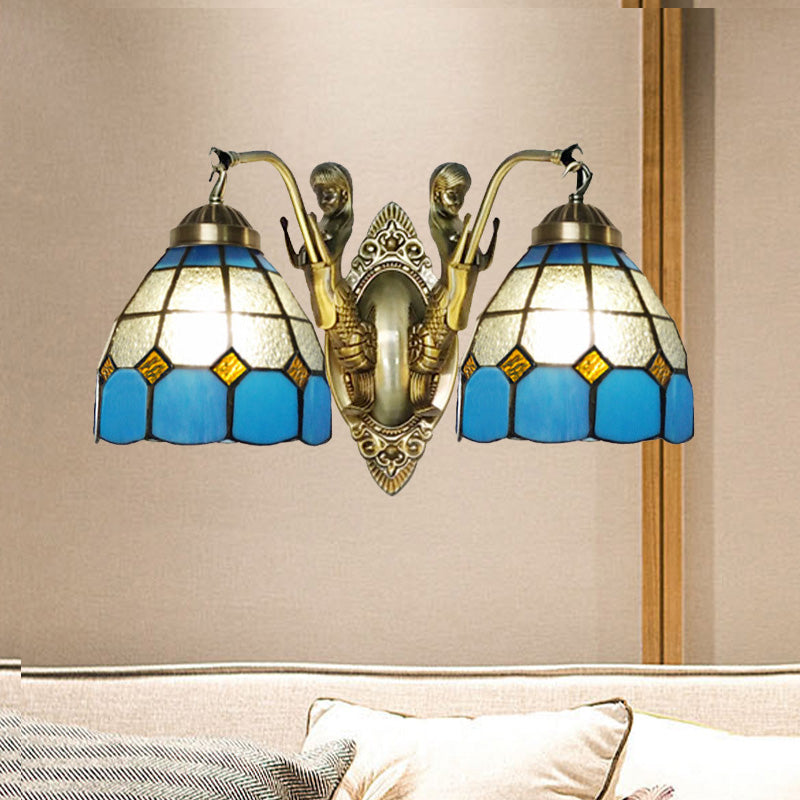 Mermaid 2-Head Stained Glass Wall Sconce In Tiffany Dark Blue/White & Orange/White With Grid Pattern