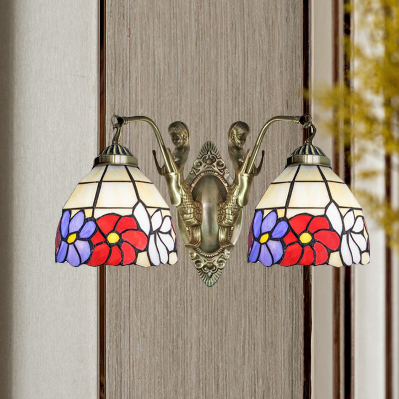 Tiffany Stained Glass Dome Wall Sconce: 2-Bulb Beige/Orange Floral Pattern Mermaid Arm For Bedroom