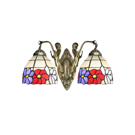 Tiffany Stained Glass Dome Wall Sconce: 2-Bulb Beige/Orange Floral Pattern Mermaid Arm For Bedroom