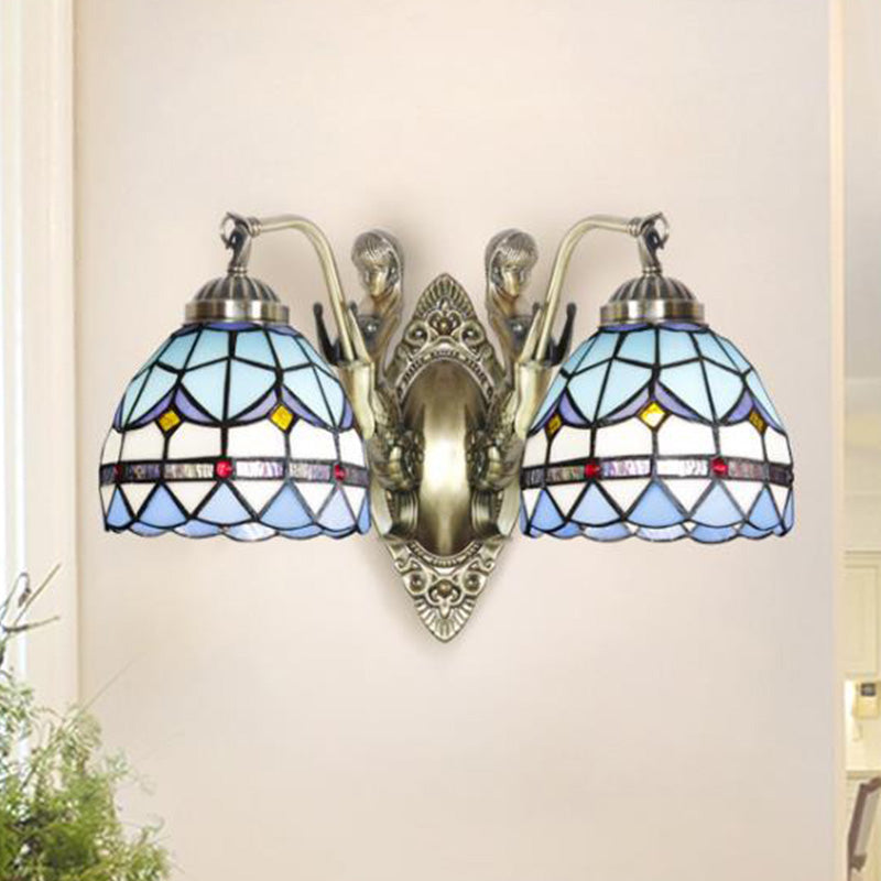 Baroque Mermaid Metal Wall Light With Art Glass Shade - White/Blue Sconce 2-Head Design Blue