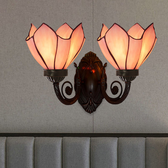 White/Pink Glass Petal Wall Sconce With Swirl Arm - 2 Lights Mediterranean Lighting Fixture For