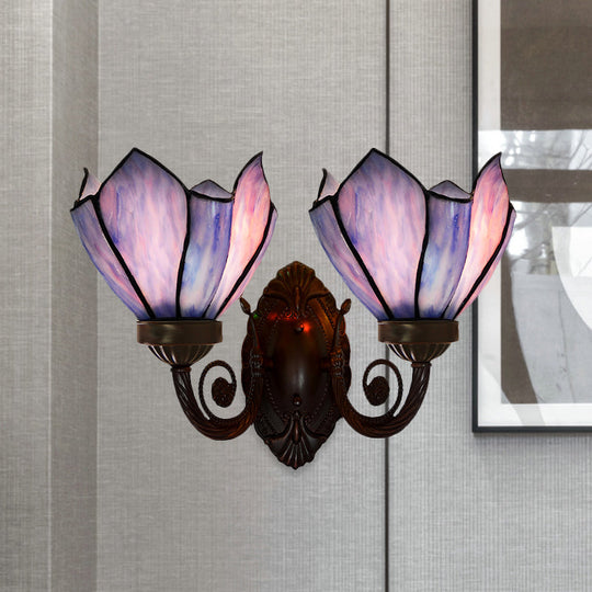White/Pink Glass Petal Wall Sconce With Swirl Arm - 2 Lights Mediterranean Lighting Fixture For