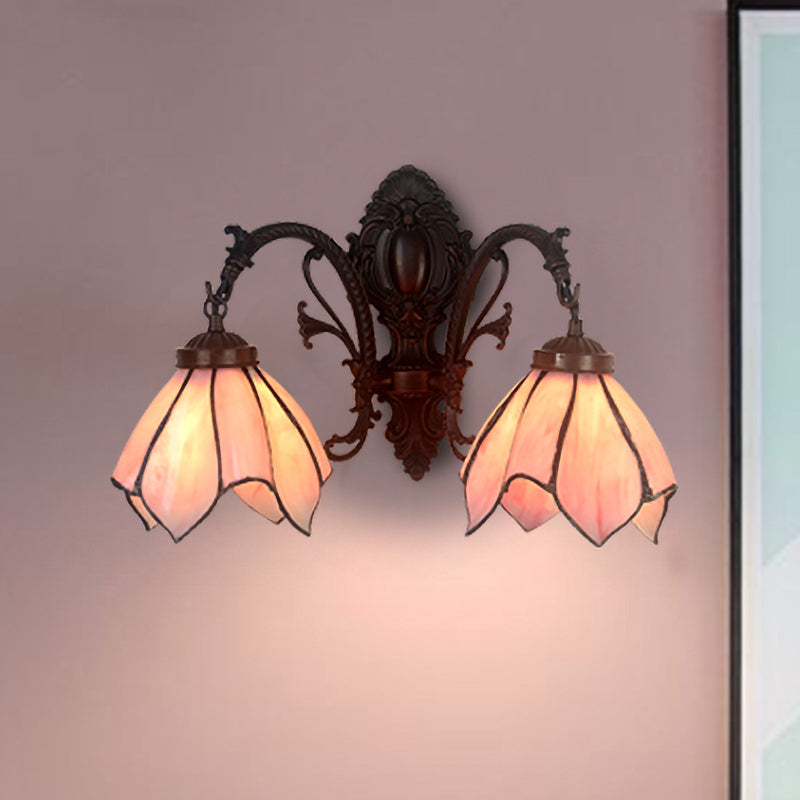 White/Pink Glass Copper Wall Light Sconce - Victorian Mount Lamp With Curved Arm Pink