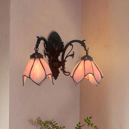White/Pink Glass Copper Wall Light Sconce - Victorian Mount Lamp With Curved Arm
