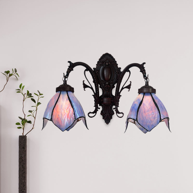 White/Pink Glass Copper Wall Light Sconce - Victorian Mount Lamp With Curved Arm Pink-Blue