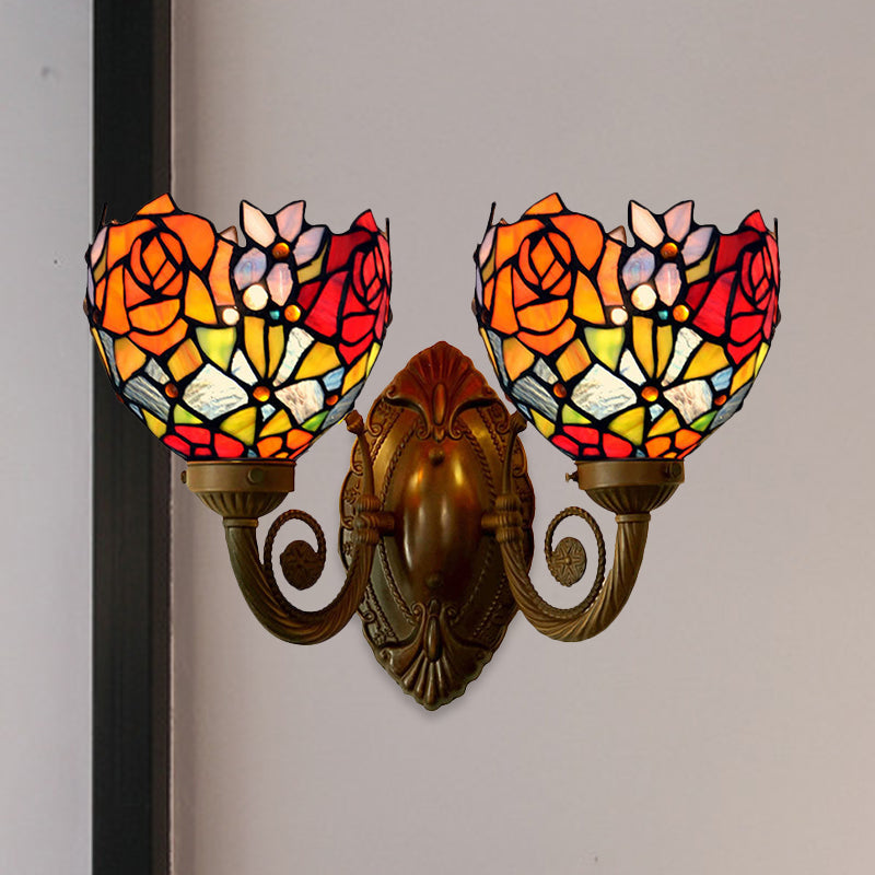Bronze Tiffany Rose Stained Glass Wall Sconce With Bowl Shade - 2-Light Lamp