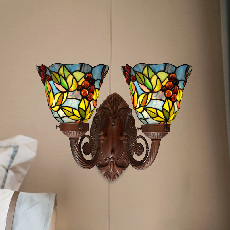 Mediterranean Glass Wall Sconce Lighting Pink/Blue Flared Design With Hand-Cut 2 Heads Fruit Pattern