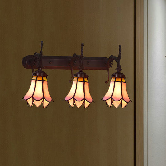 Mission Flower/Morning Glory 3-Light Pink Glass Wall Sconce With Curved Arm For Dining Room /