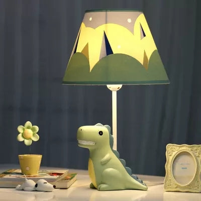Dino Glow Desk Lamp For Kids Room - Green Grin Dinosaur Table Light With Fabric Shade