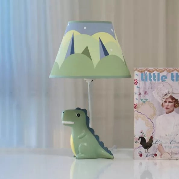 Dino Glow Desk Lamp For Kids Room - Green Grin Dinosaur Table Light With Fabric Shade