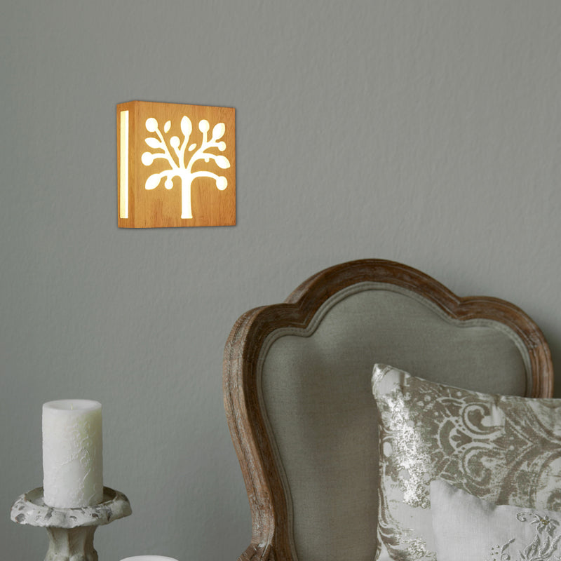 Beige Square Sconce Light: Tree Kids Wood Wall Light For Cozy Child Bedroom