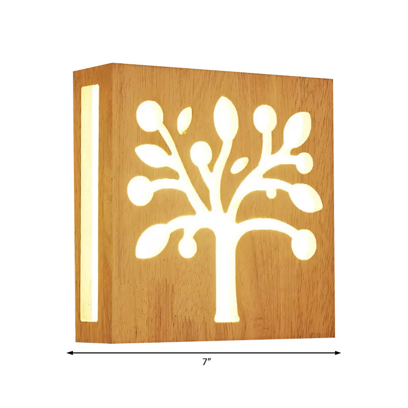 Beige Square Sconce Light: Tree Kids Wood Wall Light For Cozy Child Bedroom