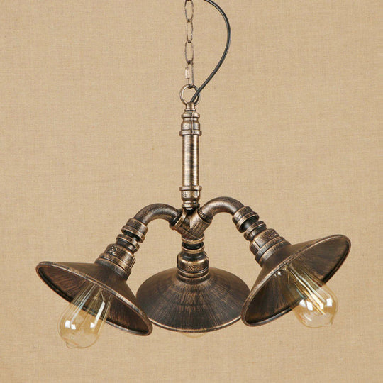 Vintage Cone Chandelier - Elegant 3-Bulb Wrought Iron Hanging Light in Bronze for Restaurants