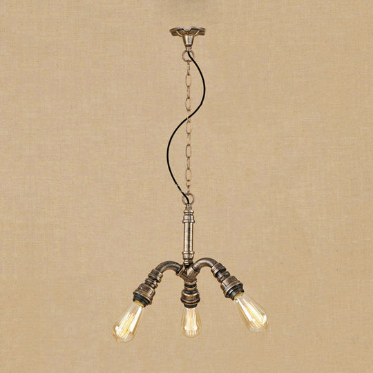 Bronze Antique 3-Light Farmhouse Chandelier With Open Bulbs And Pipe Accent - Stylish Hanging
