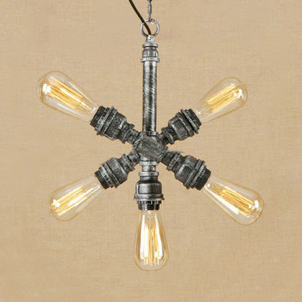 Industrial Style Aged Silver Ceiling Light With 5 Hanging Lights And Open Bulb Design