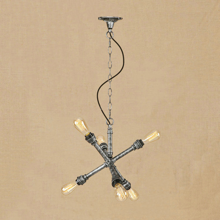 6-Bulb Antique Iron Hanging Restaurant Chandelier - Stylish Aged Silver Finish With Sputnik Design
