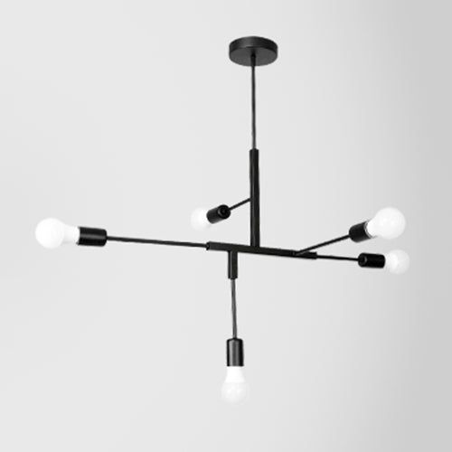 Industrial Style Iron 5-Light Hanging Chandelier With Exposed Bulbs - Black Finish For Living Room