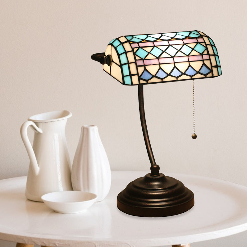 Tiffany Rhombus Patterned Desk Lamp With Cut Glass Pull Chain In Brown/Blue/Green/White